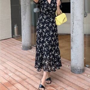 Floral Black and White Wrap Dress